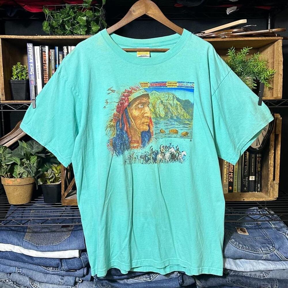Vintage 90s Native American Tribal Nature Print Tee Blue Wildlife Horse Shirt XL